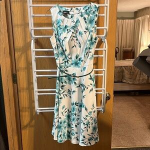 Alyx White Dress with Teal Floral Print and Slim Belt